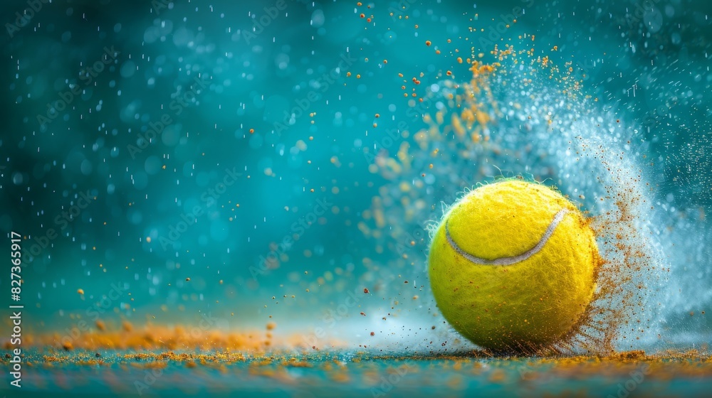 Dynamic tennis ball impact with vibrant splash on blue background
