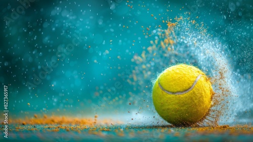 Dynamic tennis ball impact with vibrant splash on blue background