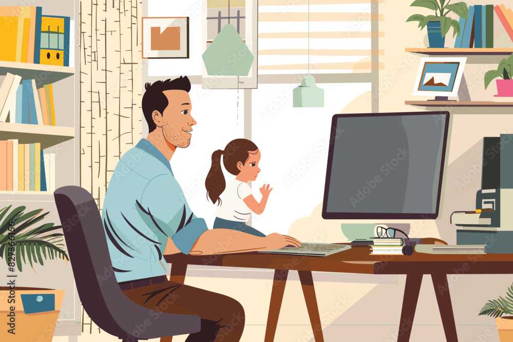 Father Works From Home Office While Caring for Young Daughter, Balancing Fatherhood and Career