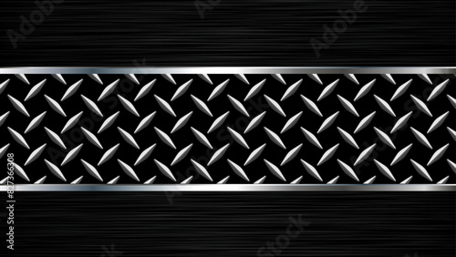 Metallic silver black background, 3d black brushed metal with diamond plate texture.