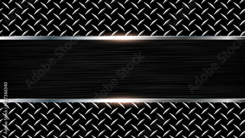 Metallic silver black background, 3d black brushed metal with diamond plate texture.