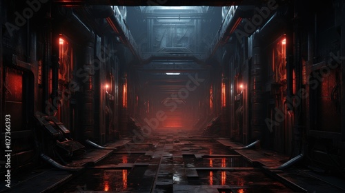 3d rendering glowing red neon sci-fi corridor