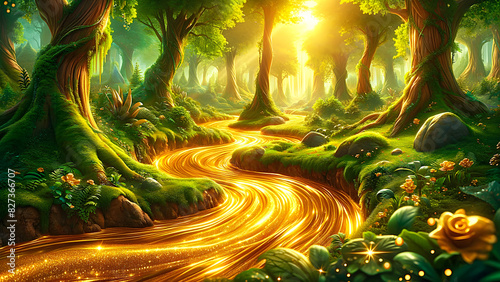 Enchanted Golden River in a Mystical Forest with Magical Lighting and Lush Greenery - A Fairy Tale Scene