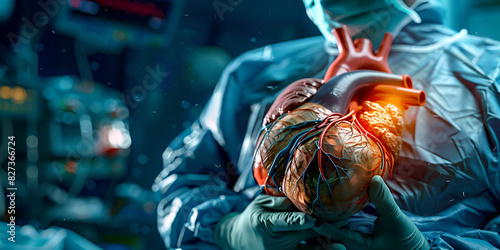 Man wearing nurse costume holding a transparent heart shape model cardiovascular