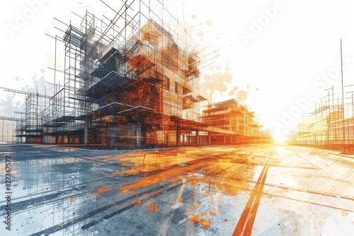 2d illustration digital building construction engineering with double exposure graphic design, architect or construction workers with civil equipment technology on a white background, AI generated