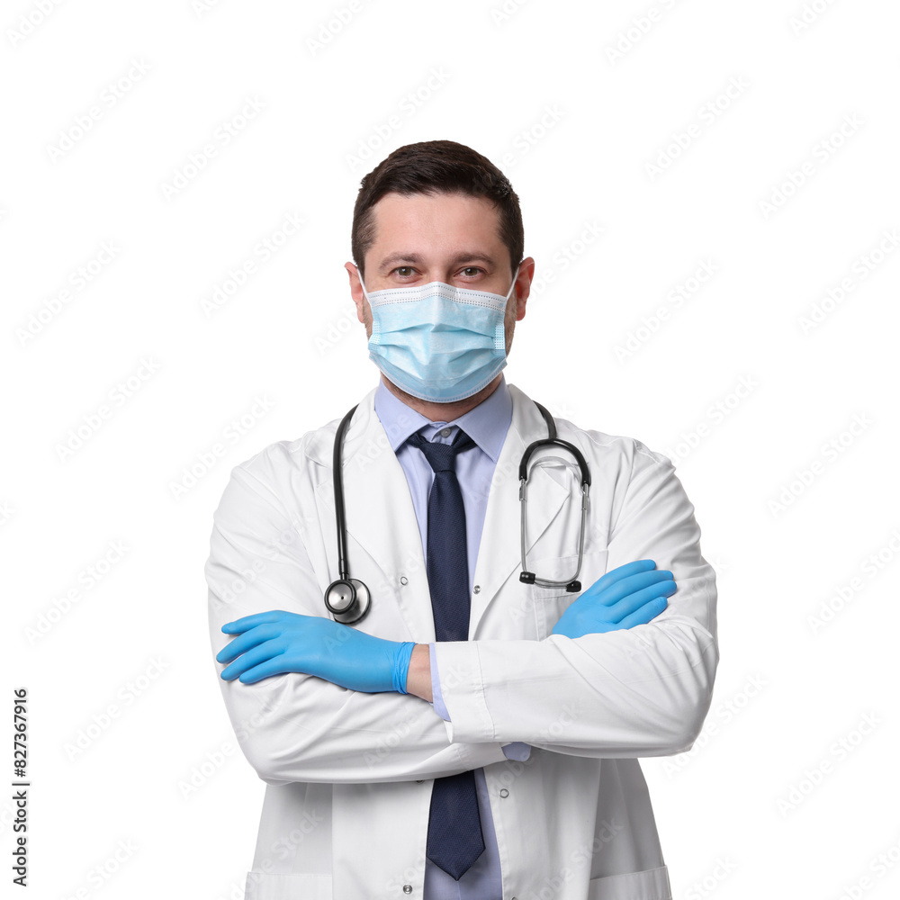 Doctor in medical mask and gloves isolated on white Doctor in medical mask and gloves isolated on white