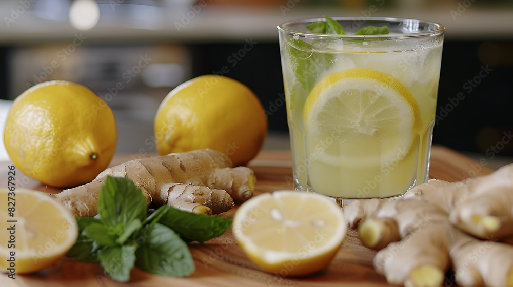 Infusion of fresh ginger in a Glass close up on a bright background,glass of homemade ginger ale with lemon, fresh and hot ginger juice glass with ginger roots Healthy drink style Infusion of fresh ginger in a Glass close up on a bright background,glass of homemade ginger ale with lemon, fresh and hot ginger juice glass with ginger roots Healthy drink style