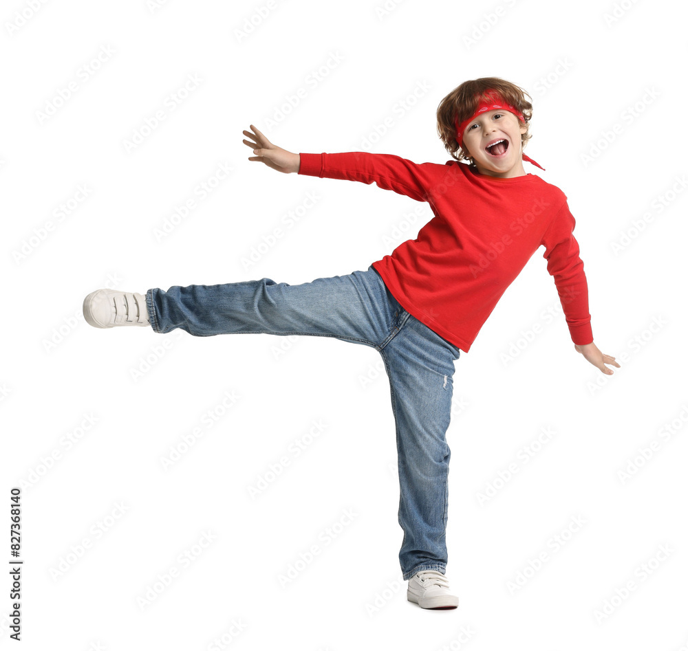 Happy little boy dancing on white background Happy little boy dancing on white background