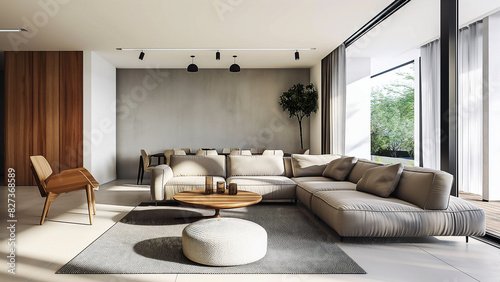 Good design living room with modern decor. Real estate  villa  minimalist room  sofa  copy space  mock-up