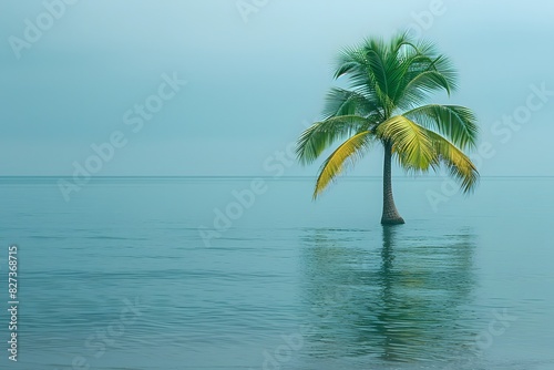 Solitary Palm Tree Overlooking Calm Ocean Water - Nature Scenery and Relaxation Concept for Tropical Paradise Posters © D