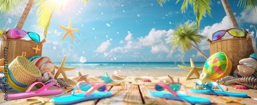 Beautiful summer background with beach accessories  flipflops and bag on a wooden table  blue sky with clouds  sun rays  and sea waves in the background