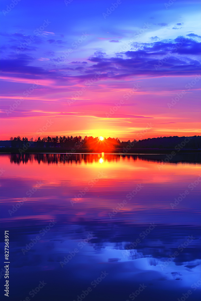 Serene Sunset Over Tranquil Lake with Silhouetted Trees and Reflections in a Peaceful Setting