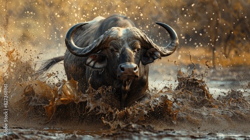 Cape buffalo traversing a muddy water barrier photo