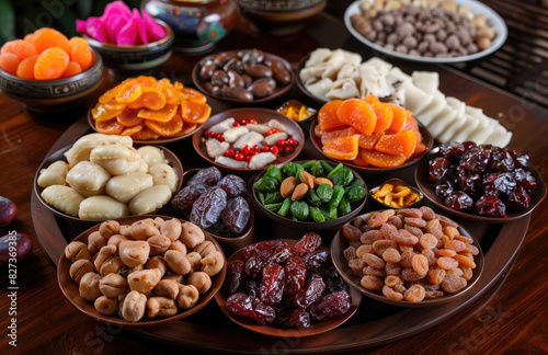 A plate of delicacies  including traditional pastries and dried fruits decorated with various nuts  dried fruit slices  oranges  walnuts  sweet red dates and lotus seeds.