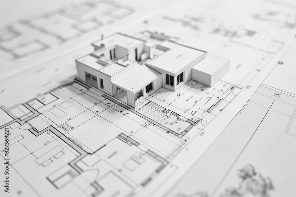 Black and white image showcasing a detailed architectural model next to its floor plans