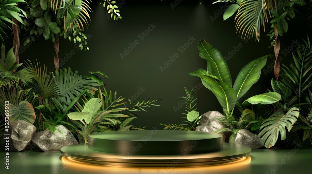 3D Green Nature Podium with Jungle Plants, Tropical Background Display with Rock, Wood, Stone, and Water Elements for Cosmetic Presentation 3D Green Nature Podium with Jungle Plants, Tropical Background Display with Rock, Wood, Stone, and Water Elements for Cosmetic Presentation