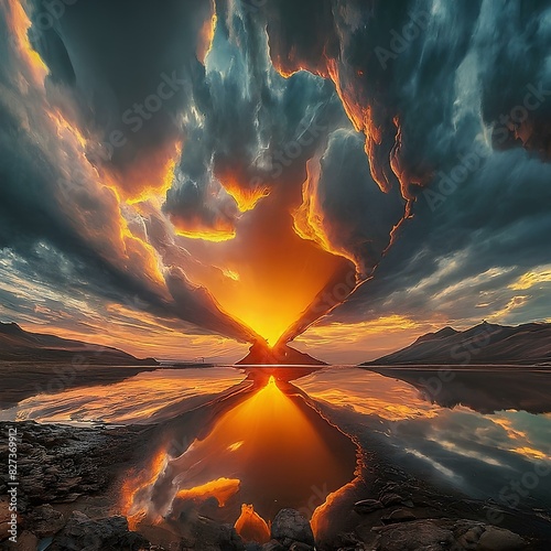 A dramatic sunset with fiery clouds reflecting in a tranquil lake, creating a stunning visual effect. photo