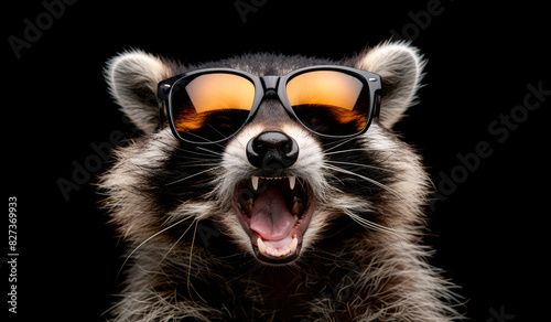 Cheerful raccoon wearing sunglasses on black background