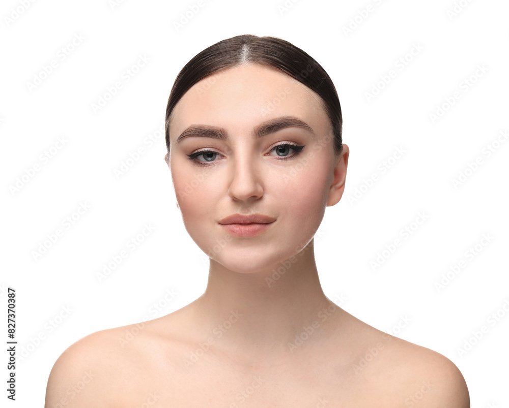Makeup product. Woman with black eyeliner and beautiful eyebrows on white background Makeup product. Woman with black eyeliner and beautiful eyebrows on white background