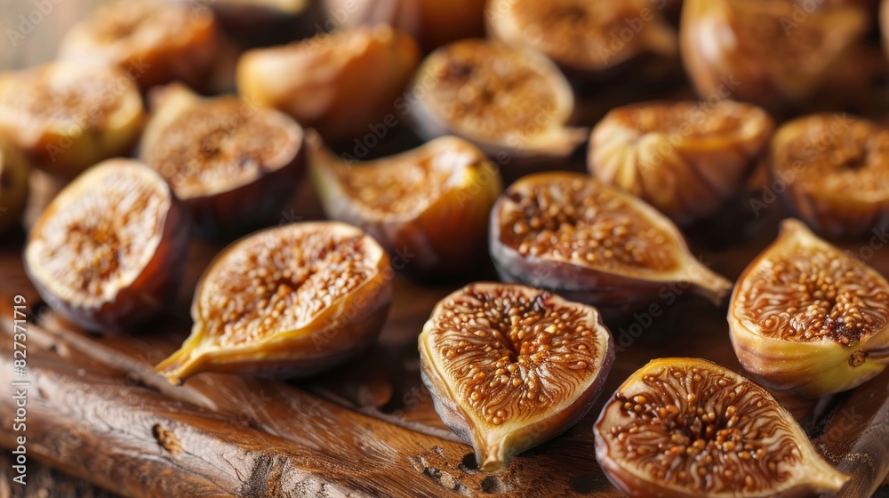 Sun-dried figs on a stone background, served on a wooden board. Sun-dried figs on a stone background, served on a wooden board.