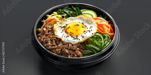 Korean bibimbap floating popular rice bowl dish made with cooked rice vegetables meat fried egg with dark background. 