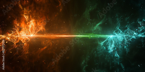 orange green laser beams of light on black background . Abstract dynamic light streaks in motion with glowing particles creating a vibrant and energetic visual effect.banner 