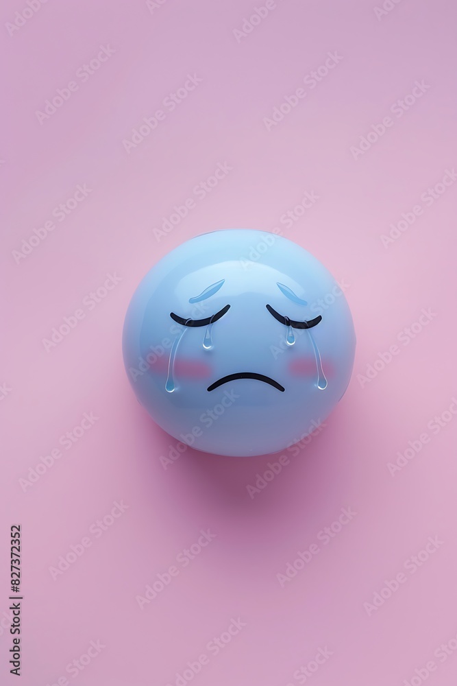 Fototapeta premium crying emoji on a soft pink background with space for copy The emoji is light blue with tears streaming down its face