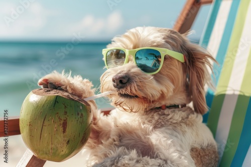 Humorous image of a dog sitting on a beach chair with a coconut drink, with face blurred