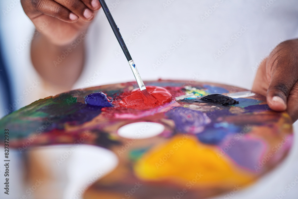 Obraz premium Creative, brush and palette for art, painting and artist with color, house and mixing with tools. Home, talent and person with watercolor, inspiration and painter in apartment, hobby and hands
