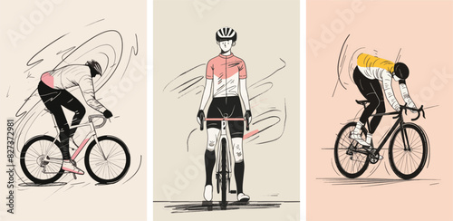 Collection of minimal road bike racing poster cover designs. Abstract cycling sports background