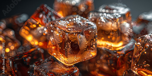 Close up of cold soda with ice cubes on a black background, Close-up of sparkling soda with ice cubes and bubbles creating a refreshing and invigorating beverage visual.banner 