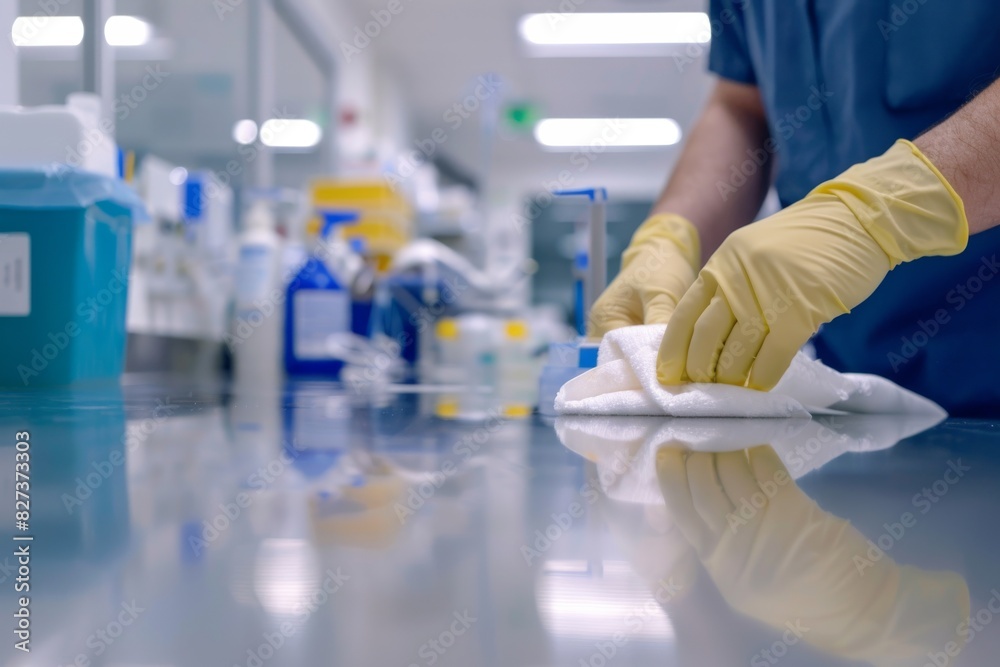 Fototapeta premium A close-up of a scientist's hands in gloves meticulously cleaning a laboratory countertop, ensuring sterility for research purposes