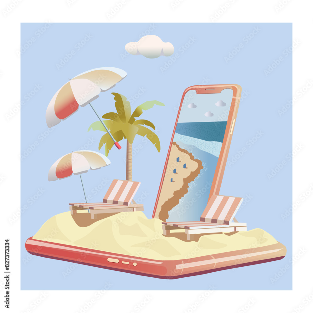 Vacation concept. Mobile phone, beach chairs and umbrella. Palm trees and the ocean. Business, freelance vector isolated