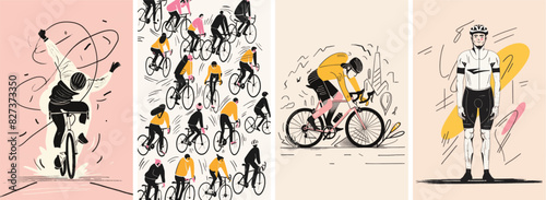 Collection of minimal road bike racing poster cover designs. Abstract cycling sports background