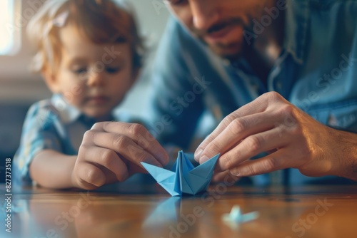 Father gently teaching child how to make a small blue origami, embodying parental care and early education