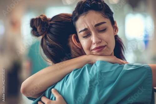 Emotional moment captured with a healthcare professional consoling a colleague, epitomizing the supportive nature of those in nursing