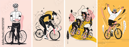 Collection of minimal road bike racing poster cover designs. Abstract cycling sports background