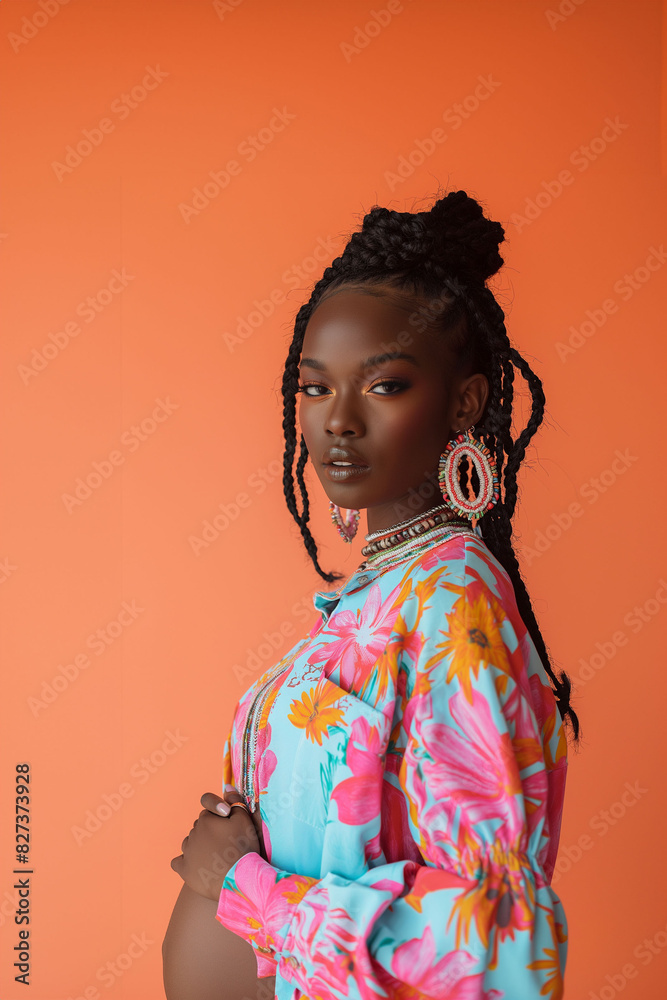 Fototapeta premium A pregnant Black woman in a colorful floral blouse and large earrings on orange background. Modern maternity fashion and vibrant style, perfect for content related to pregnancy, fashion, and wellness.