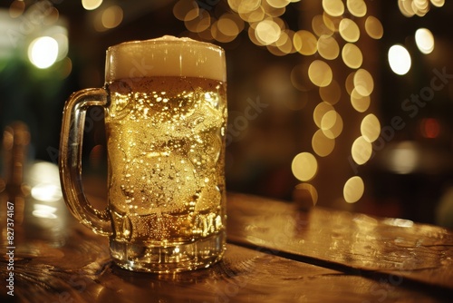 A close-up shot of a frosty beer mug on a wooden table in a cozy pub setting with soft, warm lighting highlighting the golden hue of the beer and the bubbles rising to the top