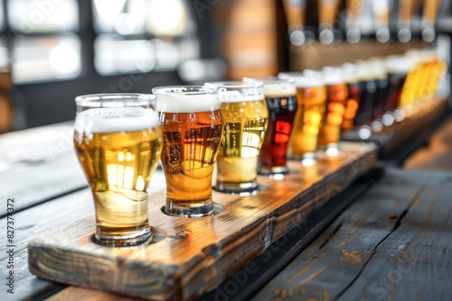 A flight of craft beers in small tasting glasses arranged neatly on a wooden paddle, each beer a different shade from pale gold to deep amber, with tasting notes written nearby