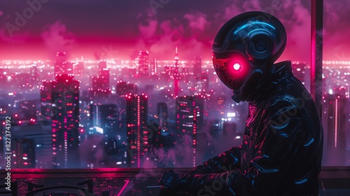 Cyberpunk robot overlooking a neon cityscape at night.
