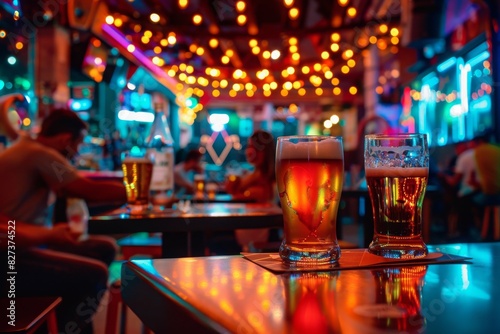 A night out at a lively bar with neon lights, a live band performing in the background, and a table filled with different types of beer being enjoyed by a group of friends