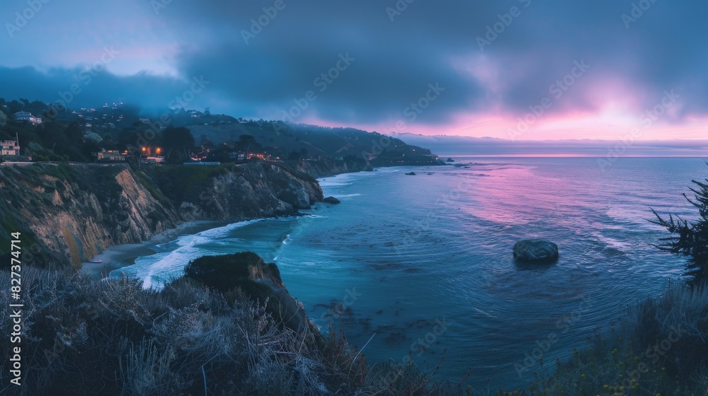 Panoramic view of a cliff overlooking the ocean at twilight