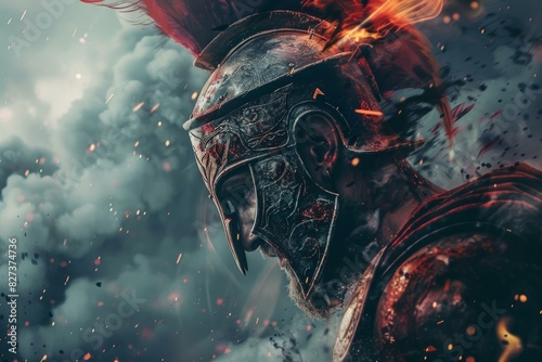 Dramatic image of a spartan warrior in armor with flames and smoke surrounding him