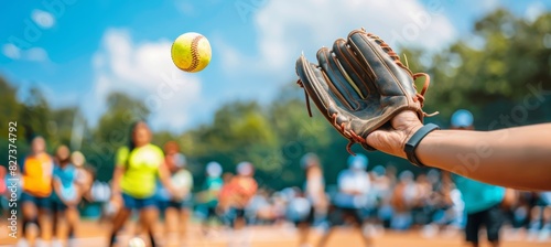 Close up  softball glove skillfully snags high fly ball, showcasing athleticism and precision photo