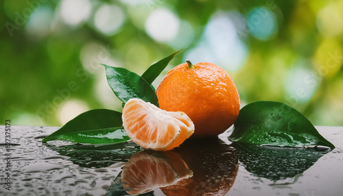 Ripe satsuma mandarin and green leaves on wet surface. Citrus unshiu, Japanese mandarin. Tasty fruit photo