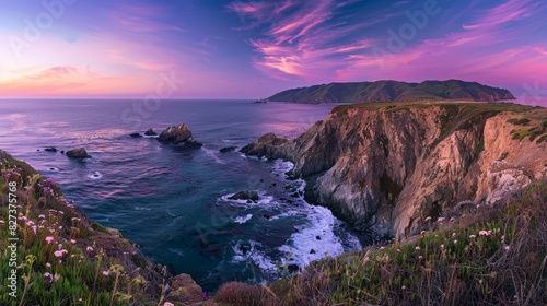 Panoramic view of a cliff overlooking the ocean at twilight photo