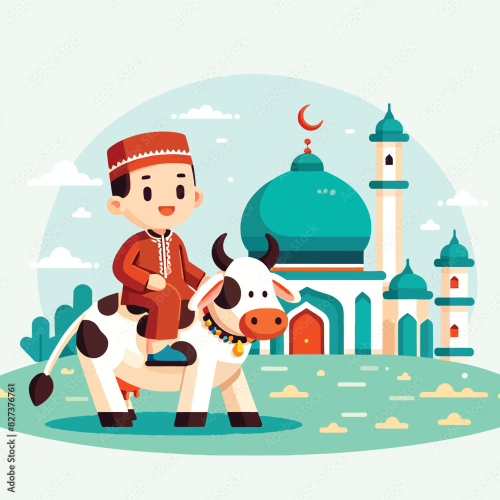 Fototapeta premium Cartoon of a Muslim boy riding a cow in a mosque