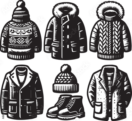 Winter Clothes Set Vector Illustration Silhouette. Fashin clothe design collection for holiday gift photo