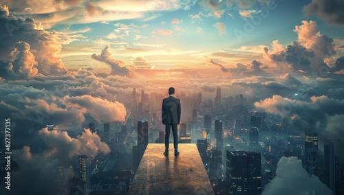 Businessman standing on a podium in a cityscape  looking at the horizon with the sky and clouds